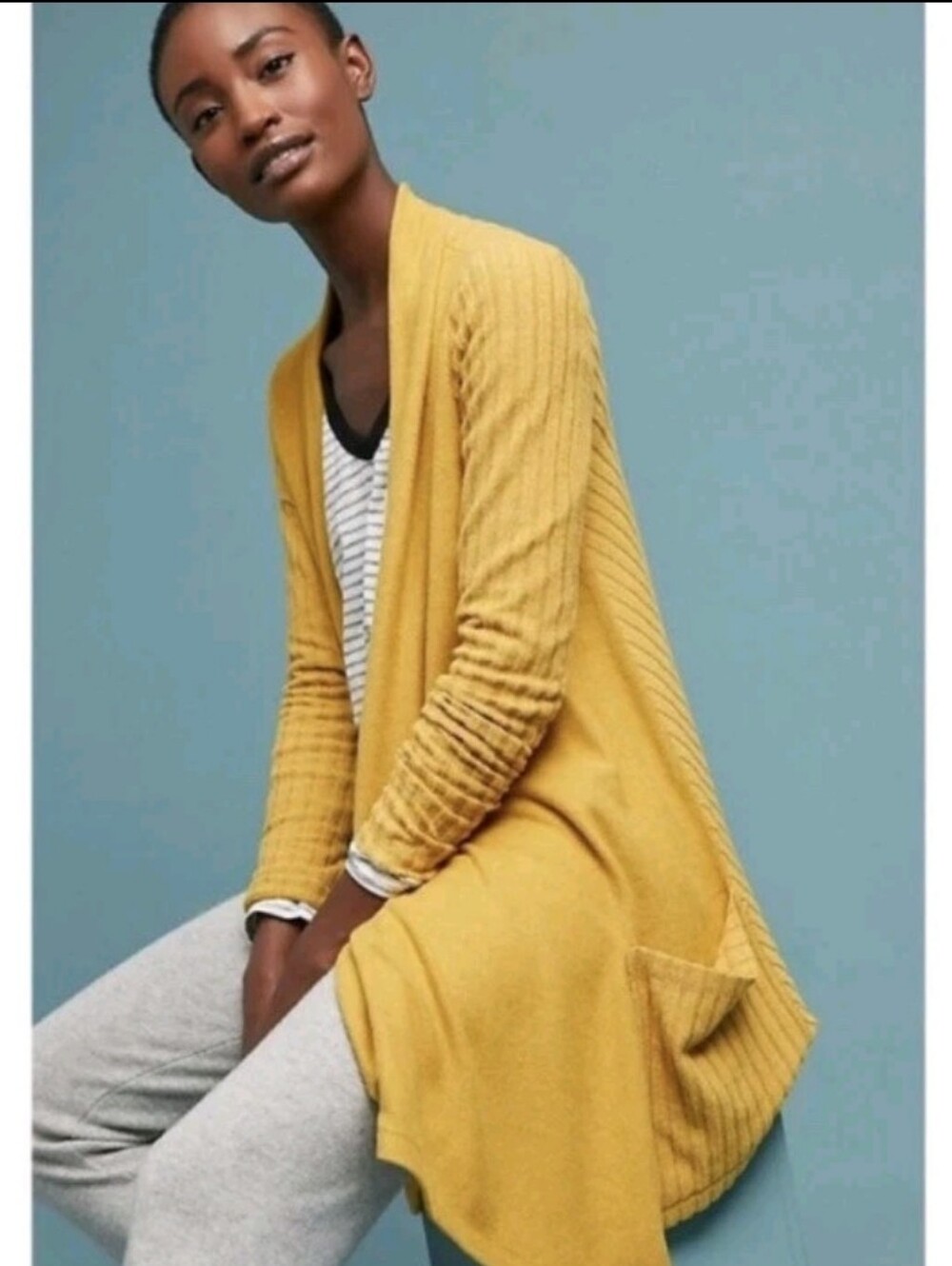 Anthropologie Cozy Mustard Open-Front Cardigan XS